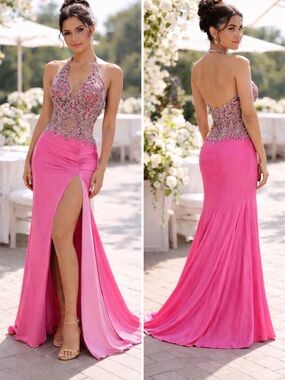 Sherry Hill Pink Beaded Halter Evening Gown 00/0